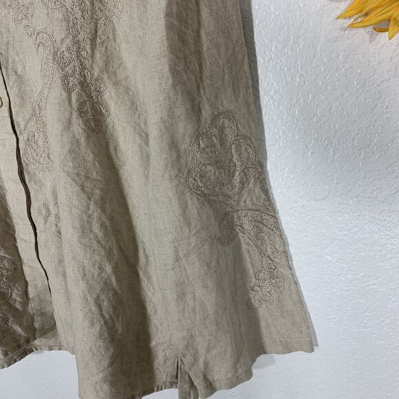 Liz Claiborne Lizwear Large Blouse Half Button Embroidered Linen Top Natural Tan - Picture 5 of 9